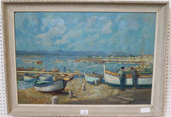Oil of Mediterranean harbour scene signed